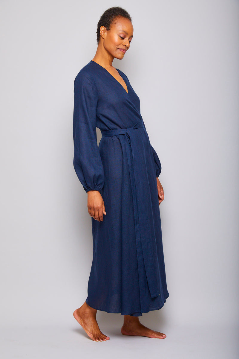 Pour Les Femmes LInen Wrap Dress - Midnight